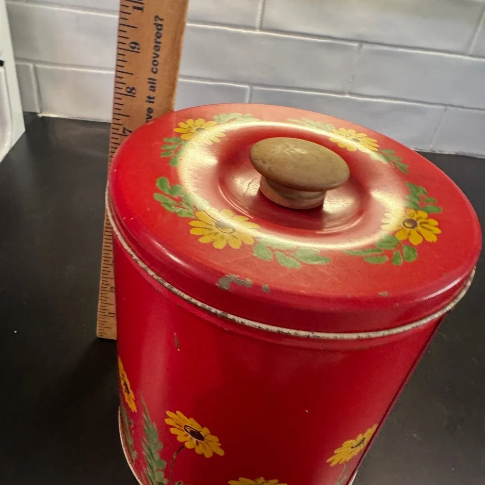 Vintage Sunflower Metal Kitchen Canister Red Farmhouse Decor Large Yellow Flower